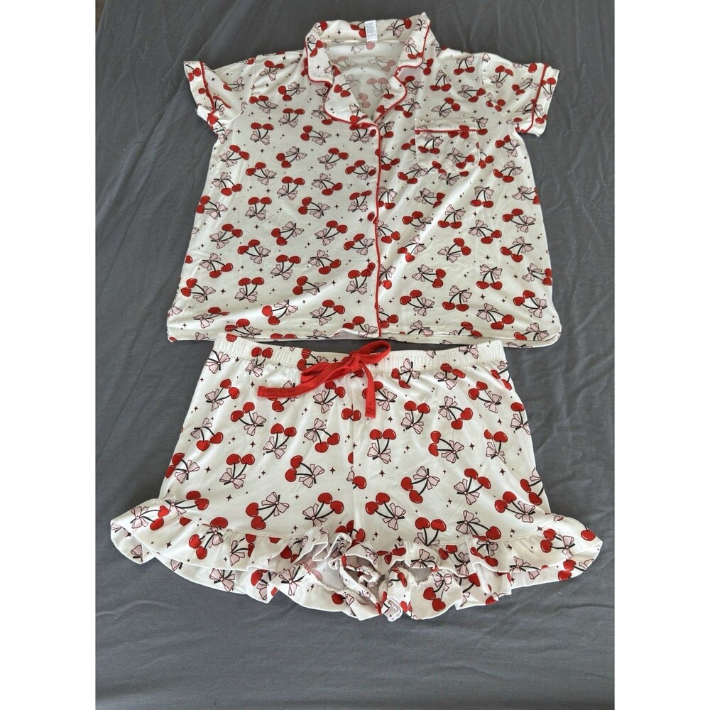 Women’s XL 2pc White Cherry Print Pajama Set Button-Front Collared Shorts Sleep